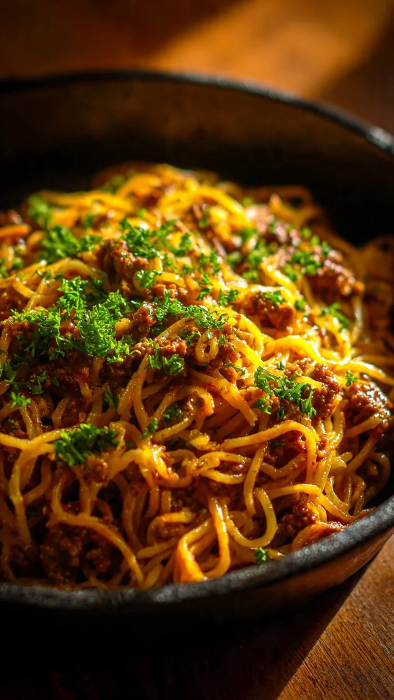 Creamy garlic butter pasta with ground beef served in a bowl