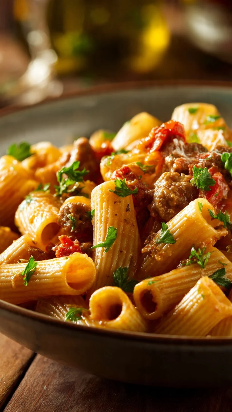 Creamy Italian Sausage Rigatoni topped with herbs and cheese