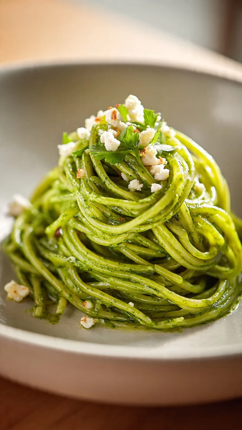 Creamy Mexican Green Spaghetti garnished with fresh herbs and served in a bowl.