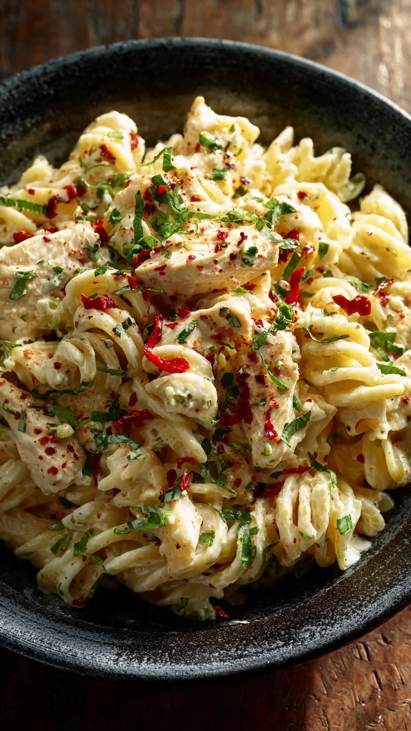 Creamy ricotta chicken pasta served in a bowl with fresh herbs