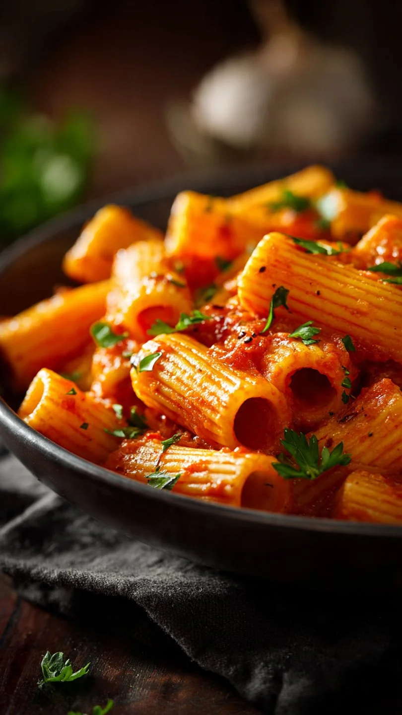 Creamy tomato garlic pasta topped with fresh herbs