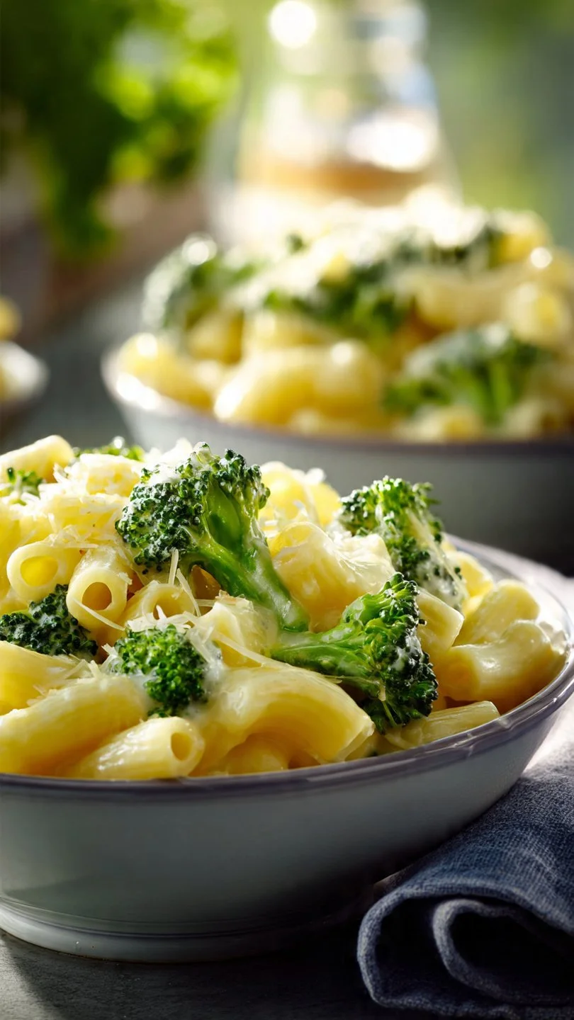 Creamy broccoli cheddar pasta with vibrant vegetables in a bowl