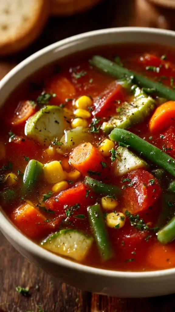 Bowl of easy vegetable soup with fresh ingredients and colorful vegetables