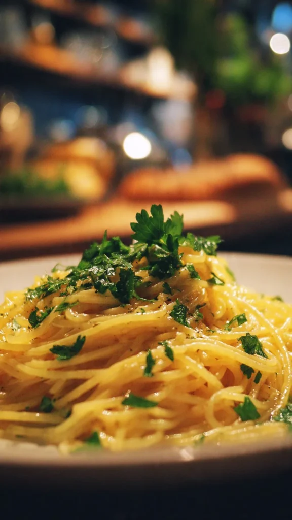 Delicious Garlic Parmesan Pasta garnished with fresh herbs and cheese
