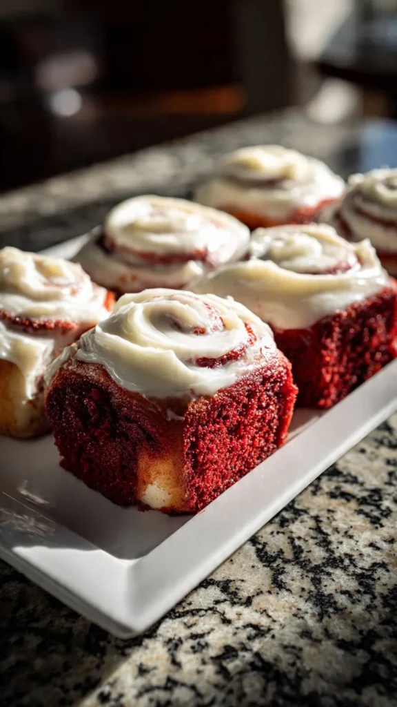 Delicious red velvet cinnamon rolls topped with cream cheese frosting