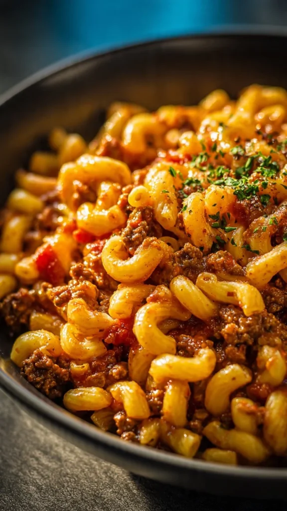Delicious One Pot Beefaroni dish served in a bowl with fresh herbs.