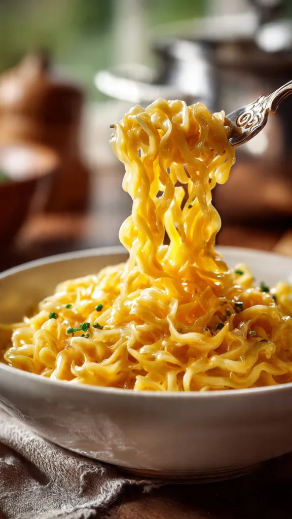 Delicious Ramen Noodle Mac And Cheese topped with cheese and herbs