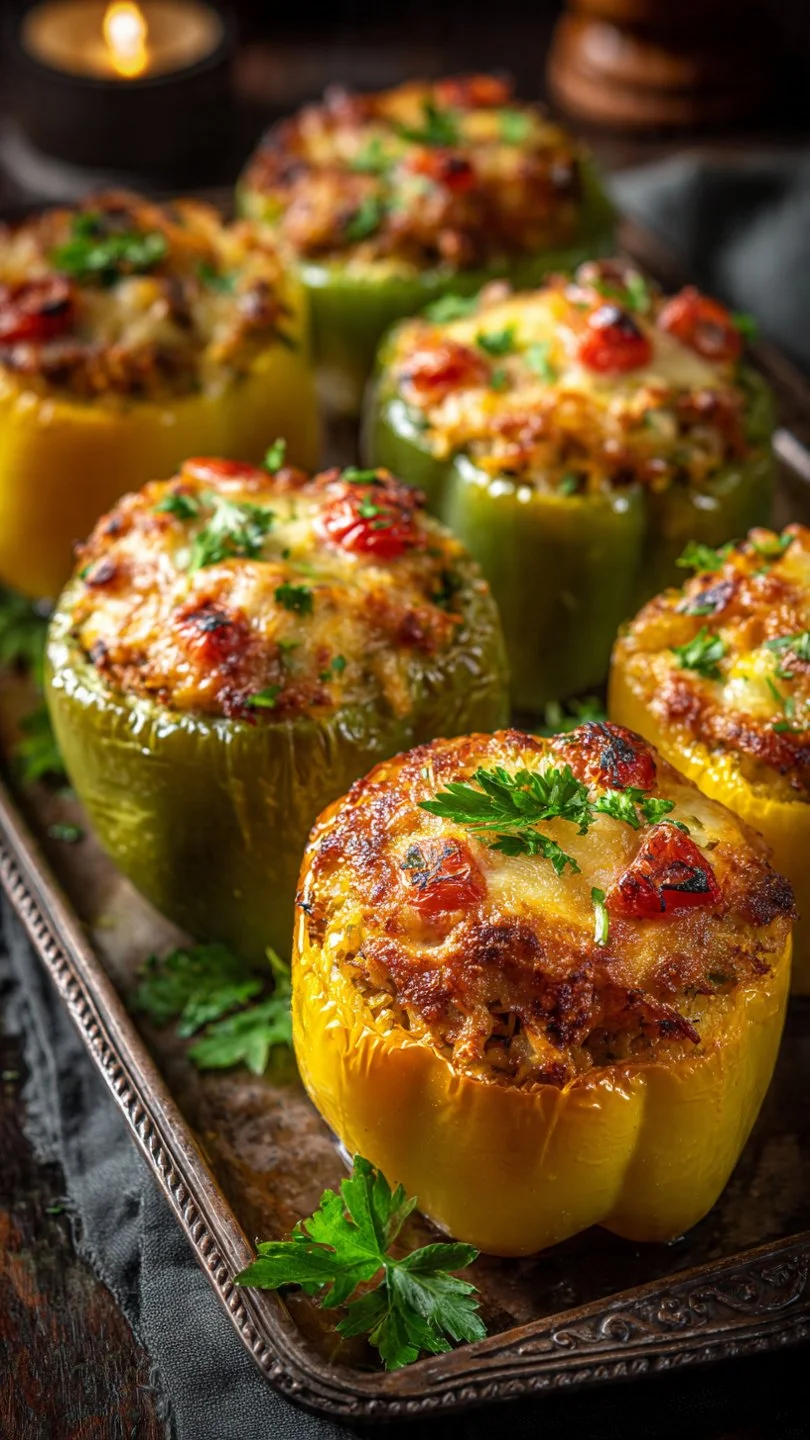 Delicious vegetarian stuffed bell peppers filled with rice and vegetables.