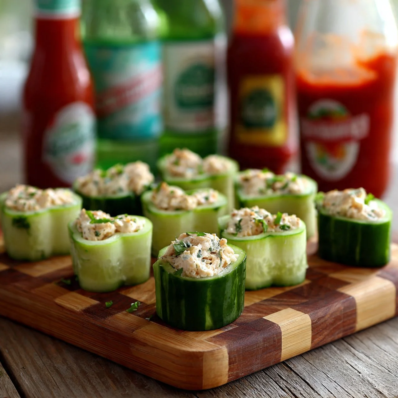 Buffalo chicken cucumber rolls on a platter garnished with herbs