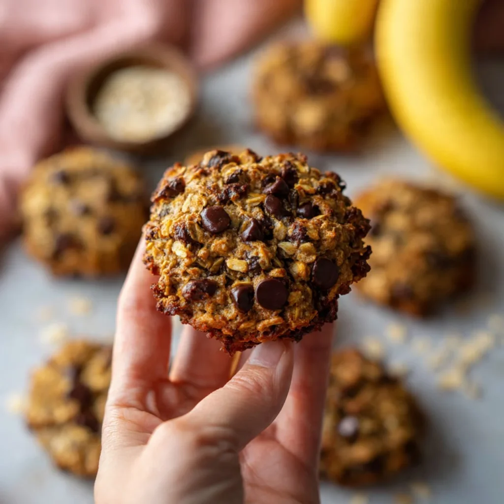 Freshly baked chocolate chip banana oatmeal cookies on a cooling rack