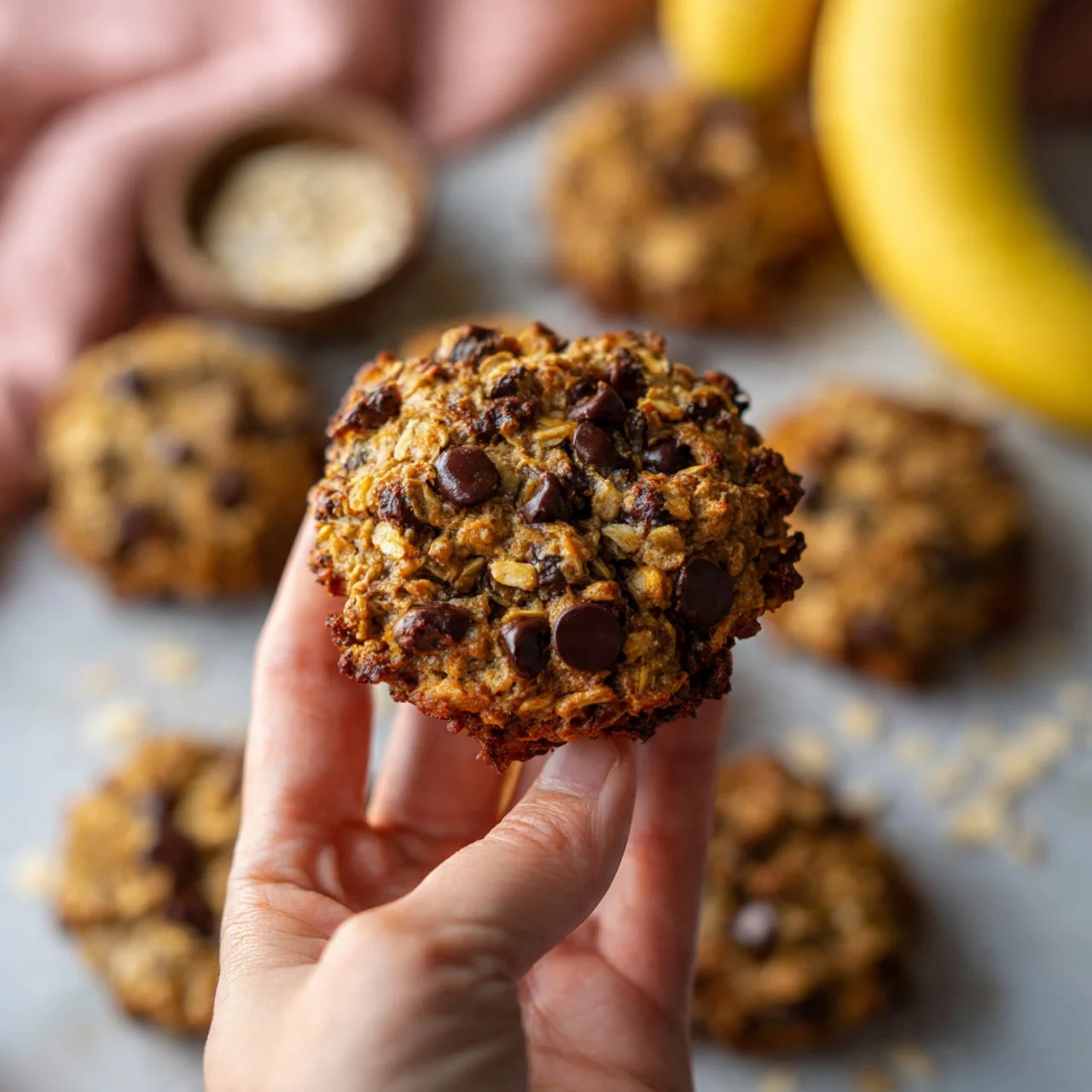 Freshly baked chocolate chip banana oatmeal cookies on a cooling rack