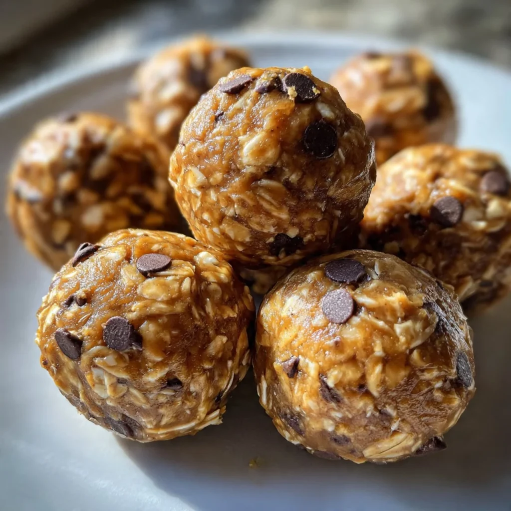 No-bake peanut butter energy bites on a plate with oats and chocolate chips