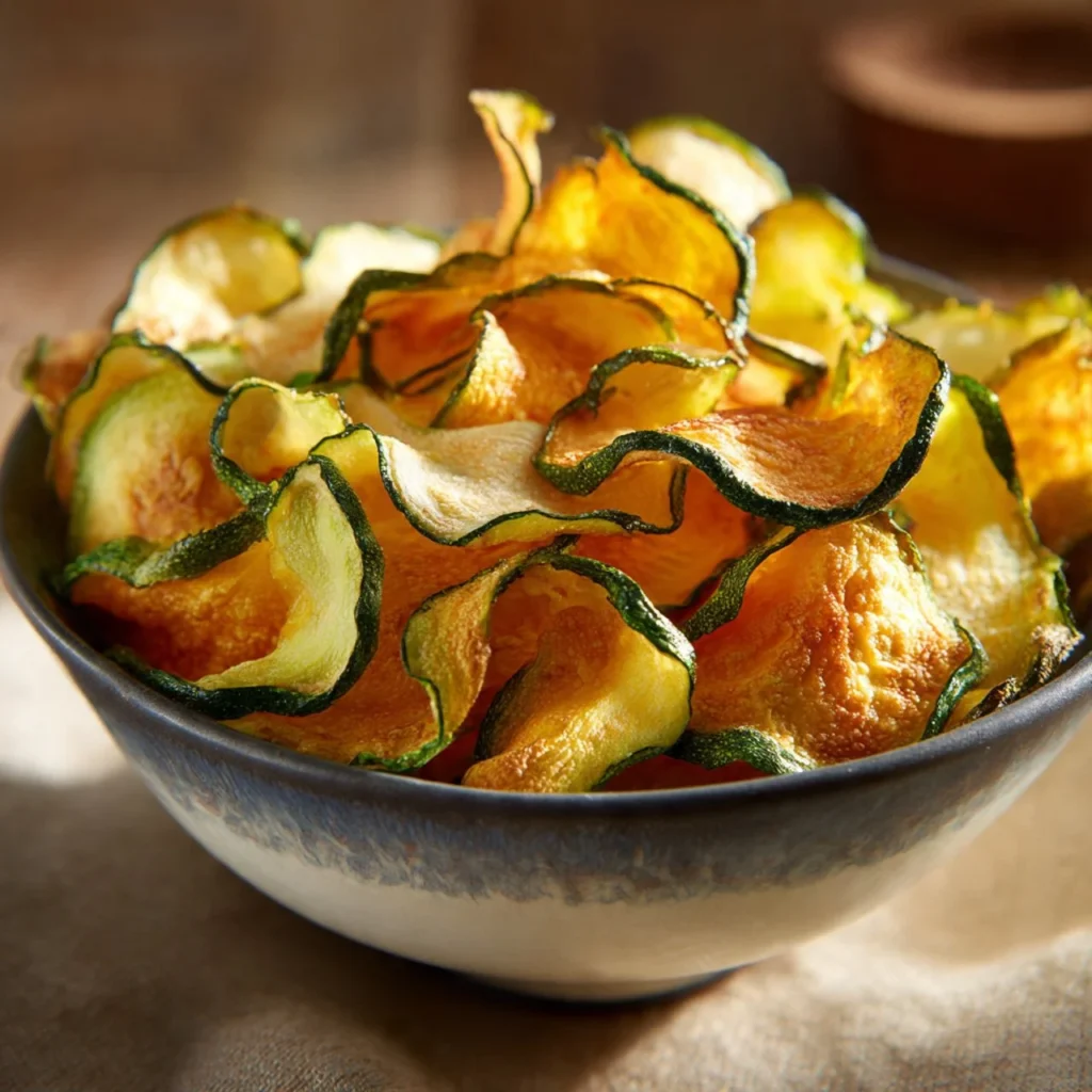 Homemade salt and vinegar zucchini chips in a bowl, healthy snack option
