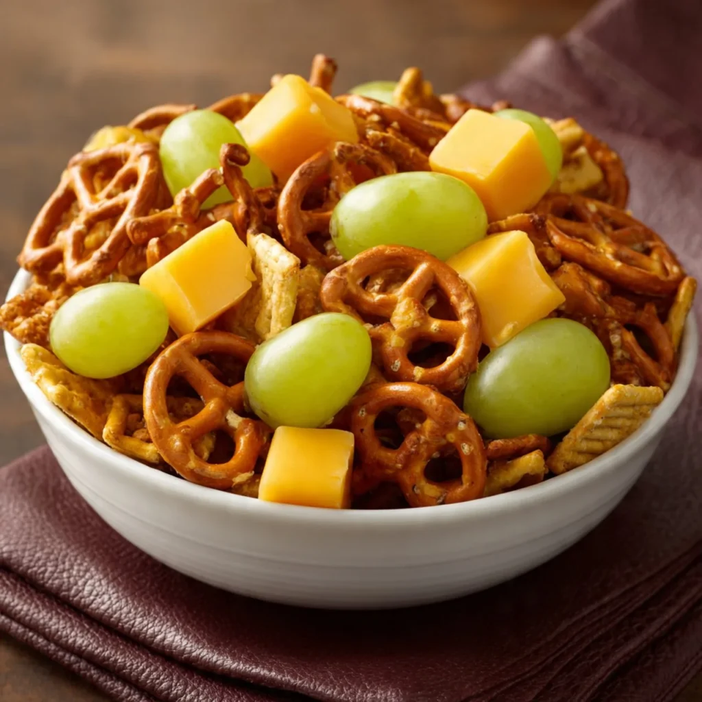 A stylish snack bowl filled with assorted delicious snacks.