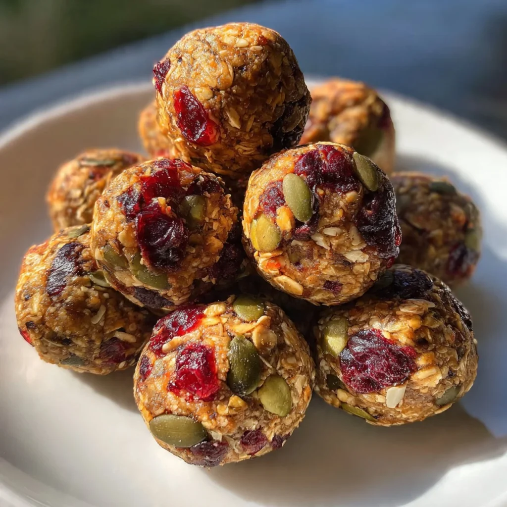 Homemade pumpkin seed and cranberry energy balls in a bowl ready to eat.