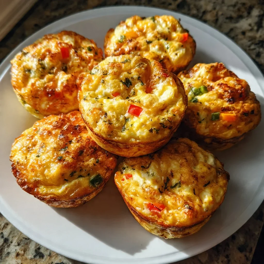 Cheesy muffin tin cottage cheese egg bites served on a plate
