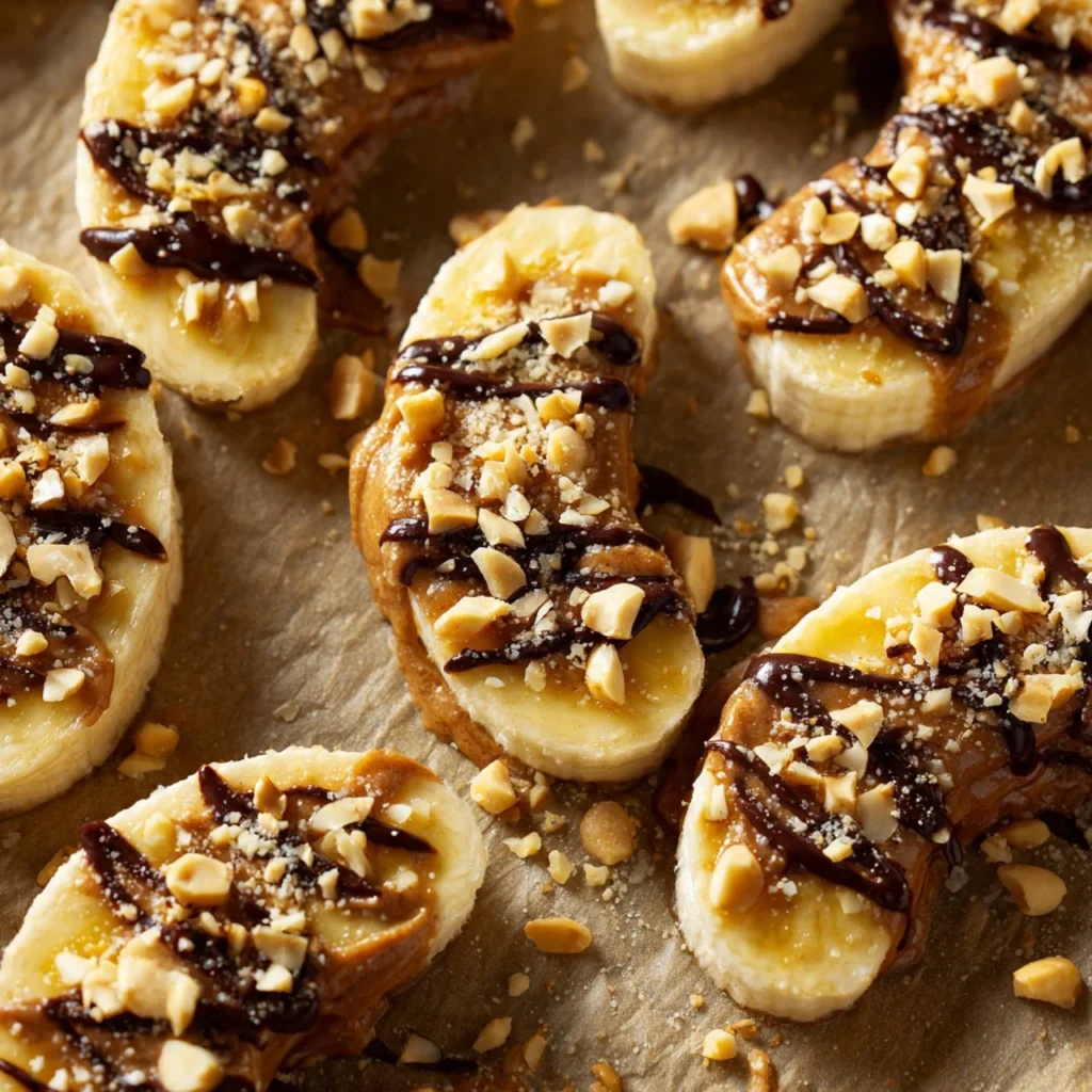 Delicious Chocolate Peanut Butter Banana Bites on a plate