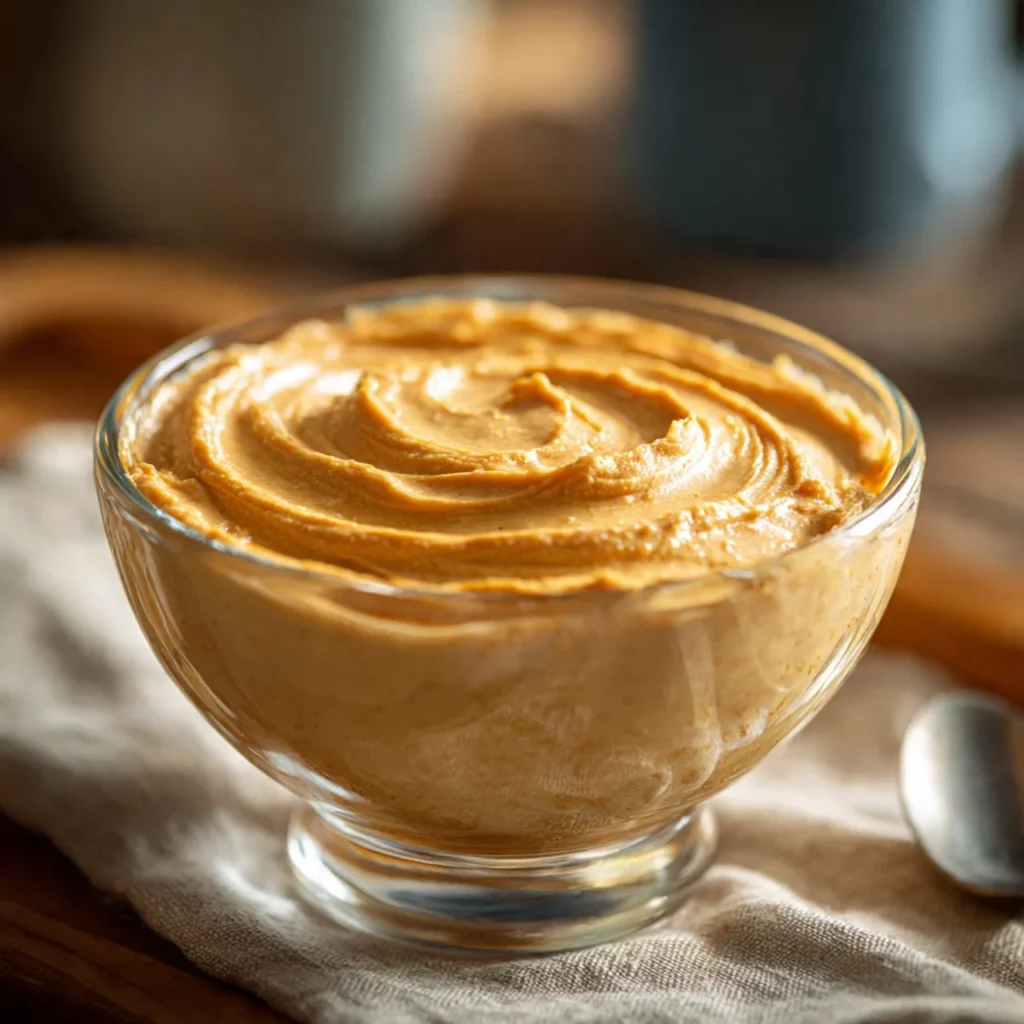 Cottage cheese peanut butter mousse dessert served in a glass