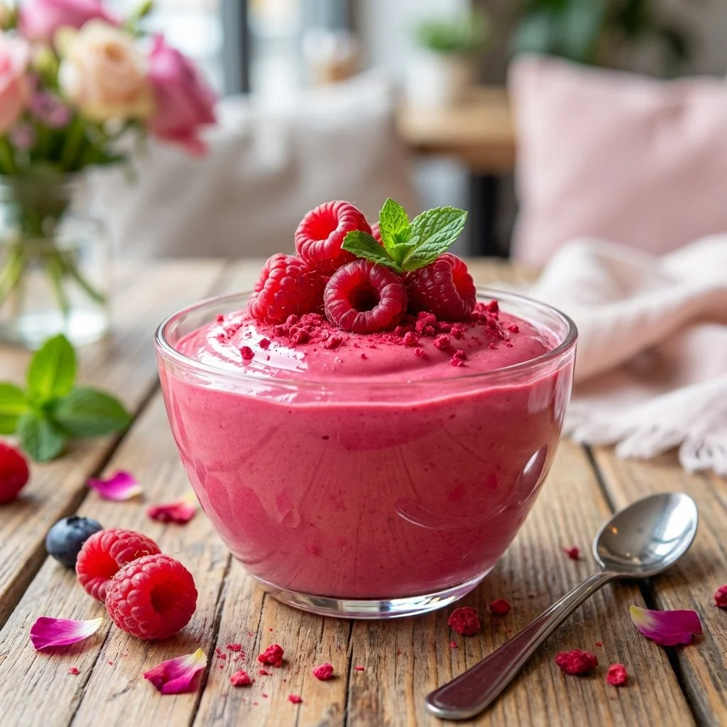 Creamy cottage cheese raspberry mousse dessert in a glass