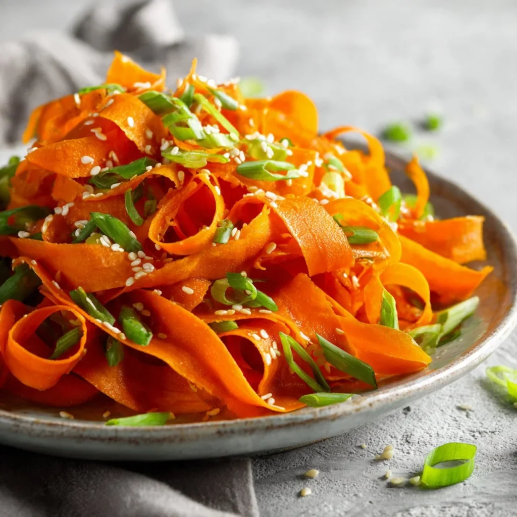 Fresh carrot ribbon salad with zesty sesame ginger dressing in a bowl