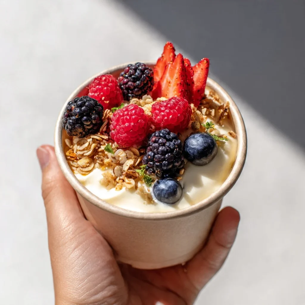 Frozen Yogurt Granola Cups topped with fresh fruits and granola