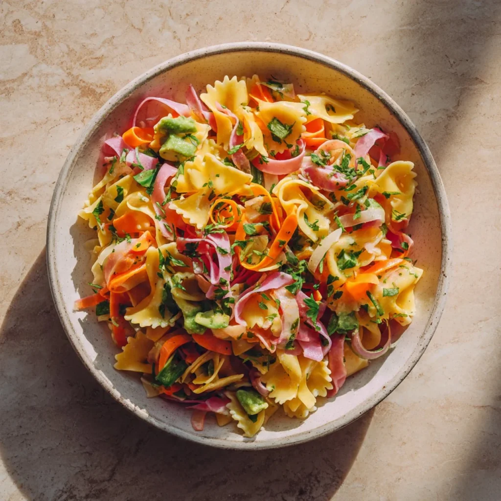 Fresh herb and carrot ribbon salad garnished with parsley and mint.