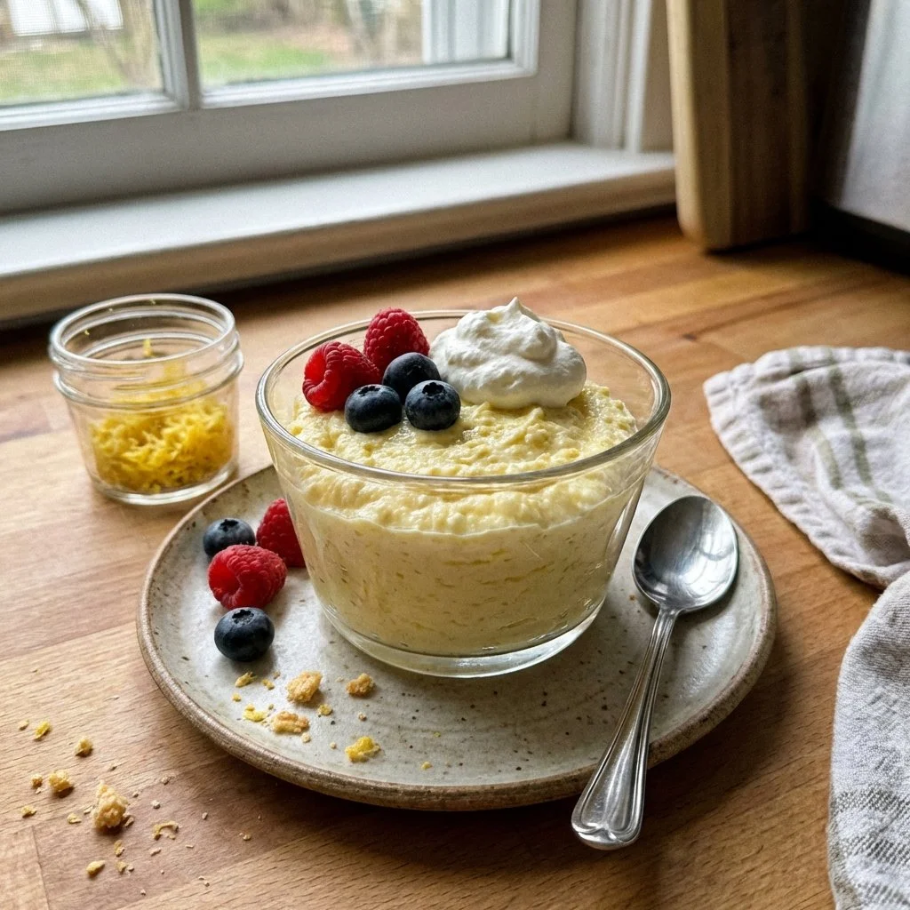 Delicious lemon cottage cheese mousse served in a glass, topped with lemon zest.