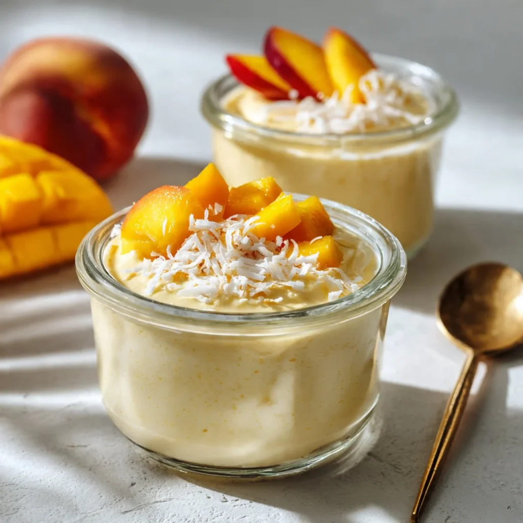 Mango Peach Coconut Tofu Mousse served in a bowl