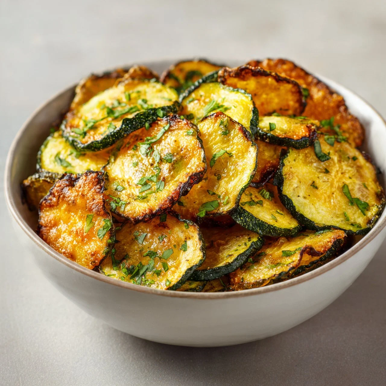Bowl of crispy oven-baked zucchini chips served as a healthy snack