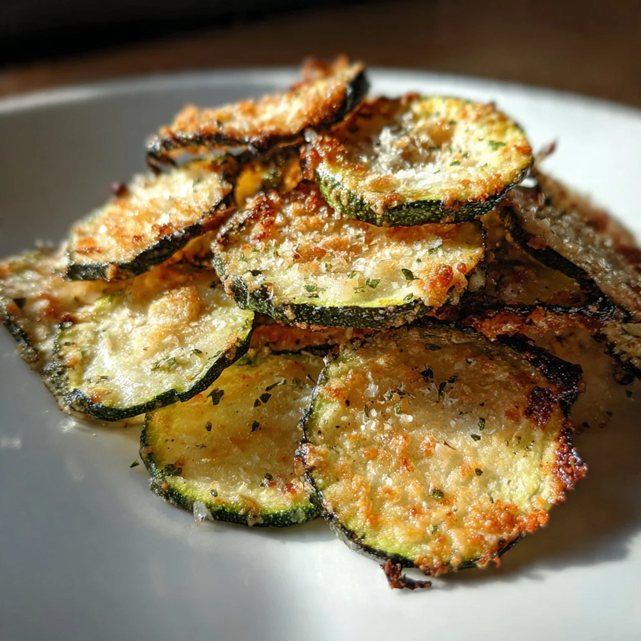 Crispy oven-baked zucchini chips served in a bowl