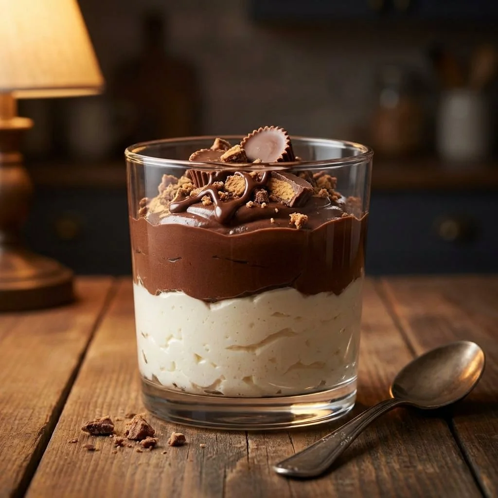 Delicious Peanut Butter Cup Cottage Cheese Mousse topped with chocolate and peanuts