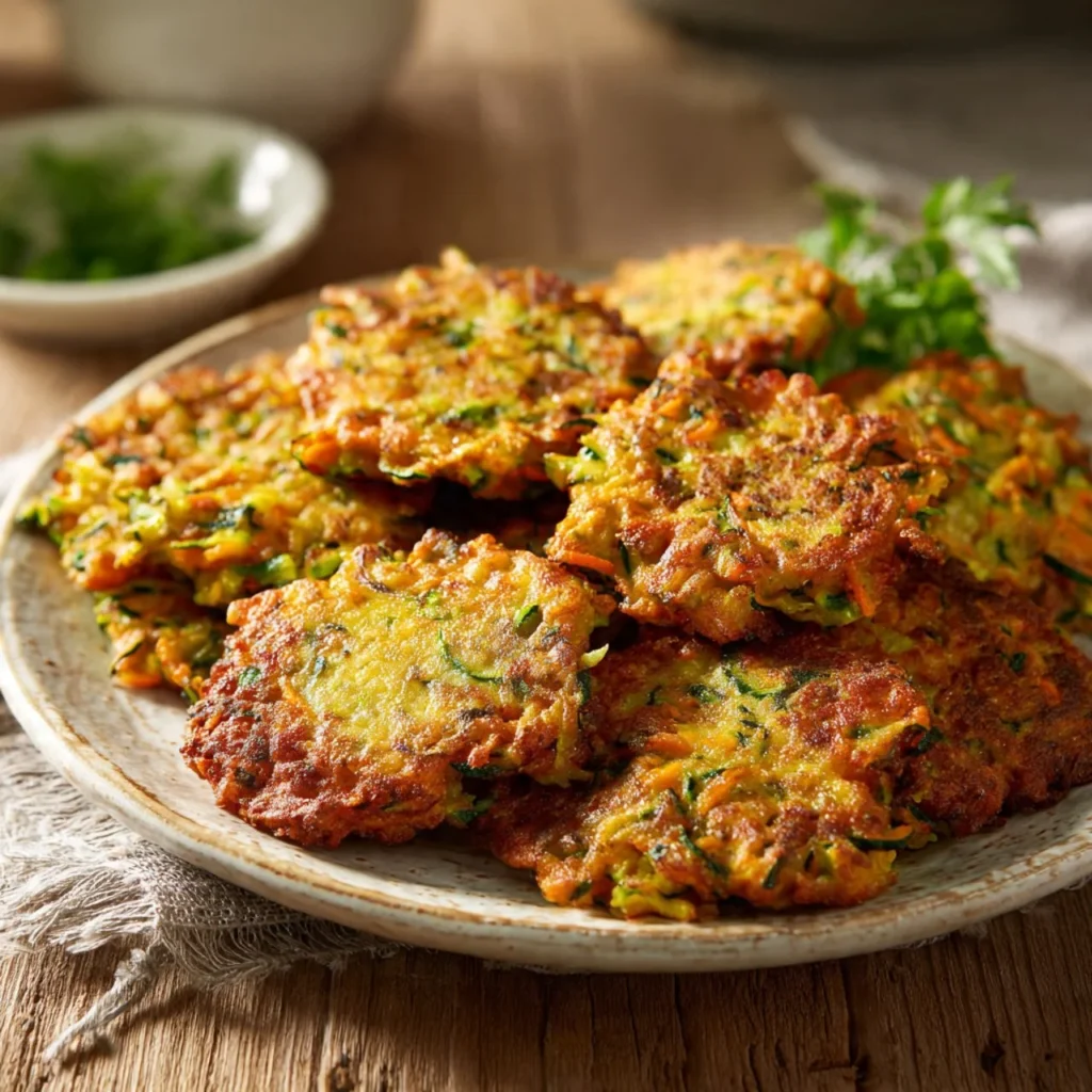 Plate of freshly made zucchini-carrot fritters garnished with herbs