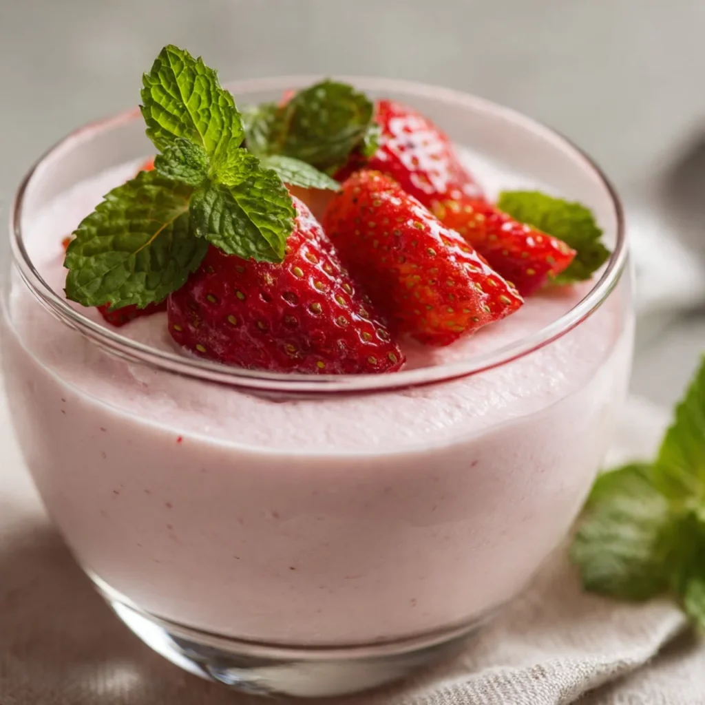 Delicious strawberry cottage cheese mousse served in a dessert bowl