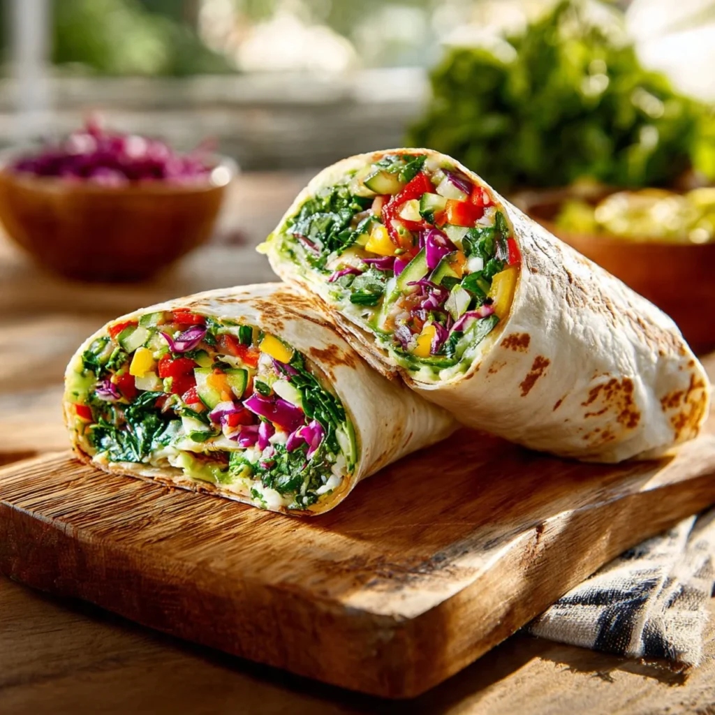Colorful vegan veggie wraps filled with fresh vegetables and served on a plate