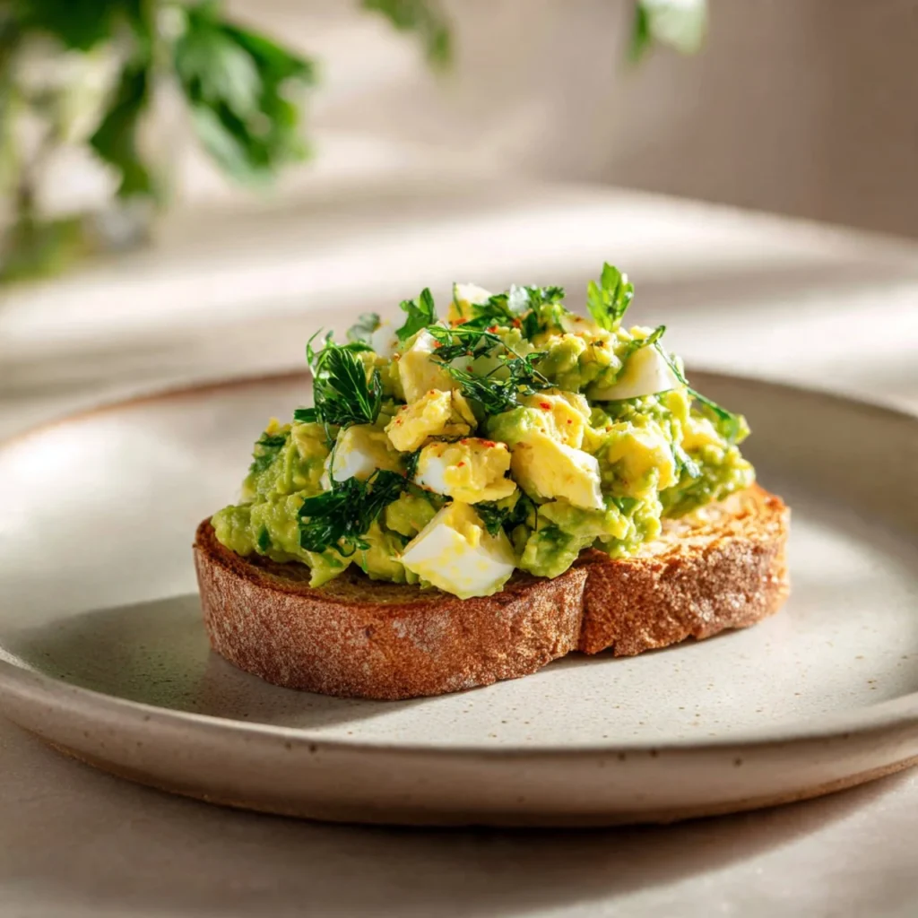 Zesty avocado egg salad garnished with herbs and served in a bowl.