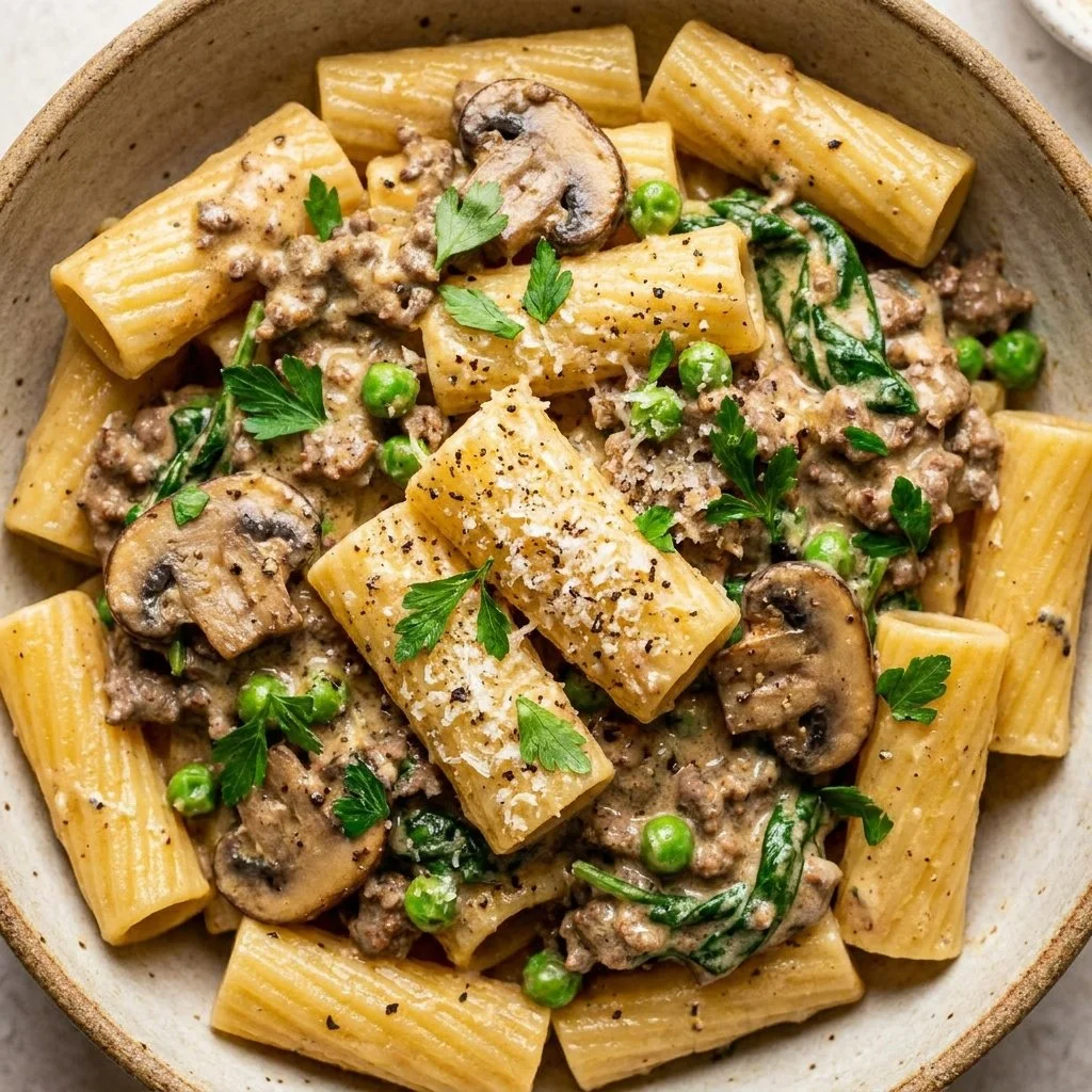 Creamy beef pasta dish ready to serve in 30 minutes, high protein recipe