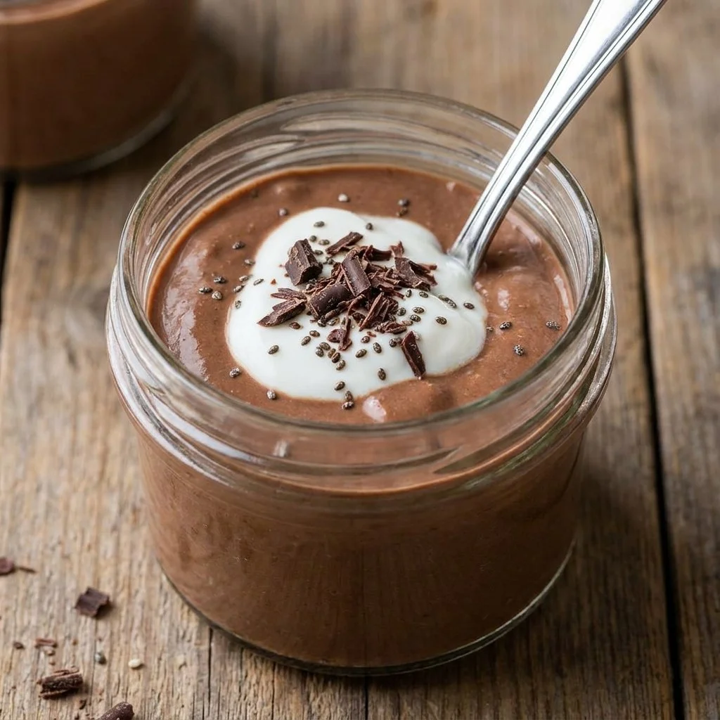 Creamy chocolate protein pudding with a rich texture and healthy ingredients