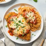 High protein chicken parmesan served with fresh herbs and cheese