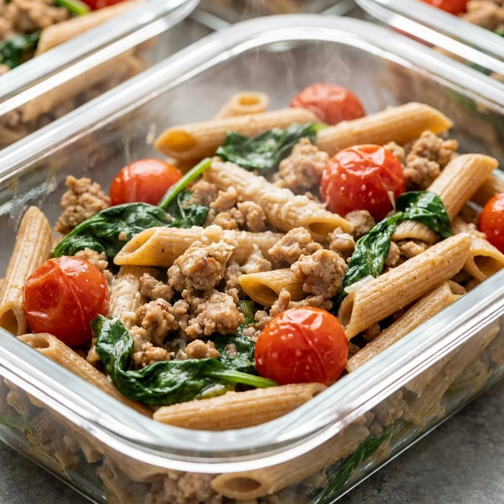 A bowl of high protein pasta with fresh vegetables and sauce