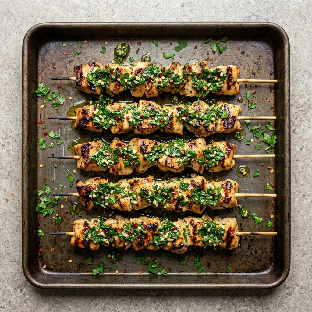 Grilled chimichurri chicken garnished with fresh herbs and spices