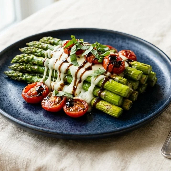 Caprese Asparagus dish with fresh mozzarella, tomatoes, and basil.