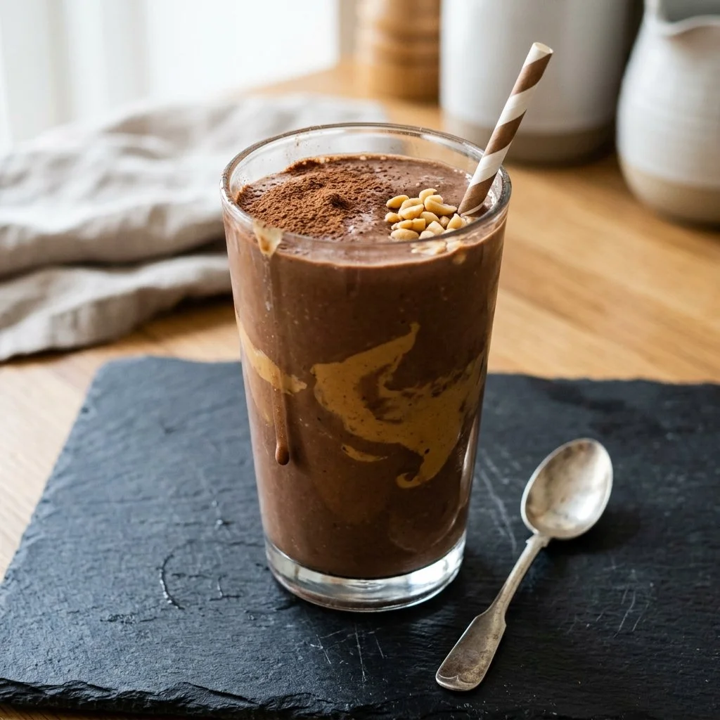Chocolate peanut butter protein shake with cottage cheese in a glass