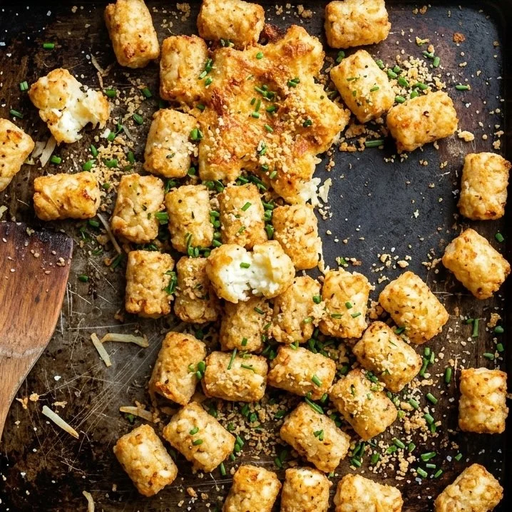 Plate of crispy and delicious Cottage Cheese Tots served with dipping sauce.