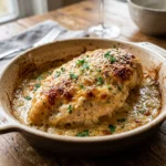Creamy Parmesan baked caesar chicken garnished with fresh herbs and served on a plate.