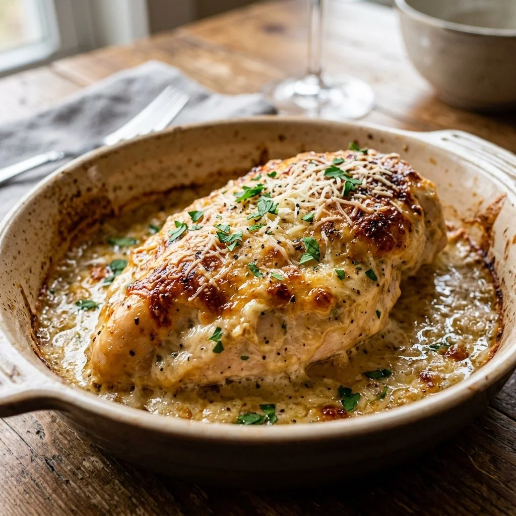 Creamy Parmesan baked caesar chicken garnished with fresh herbs and served on a plate.