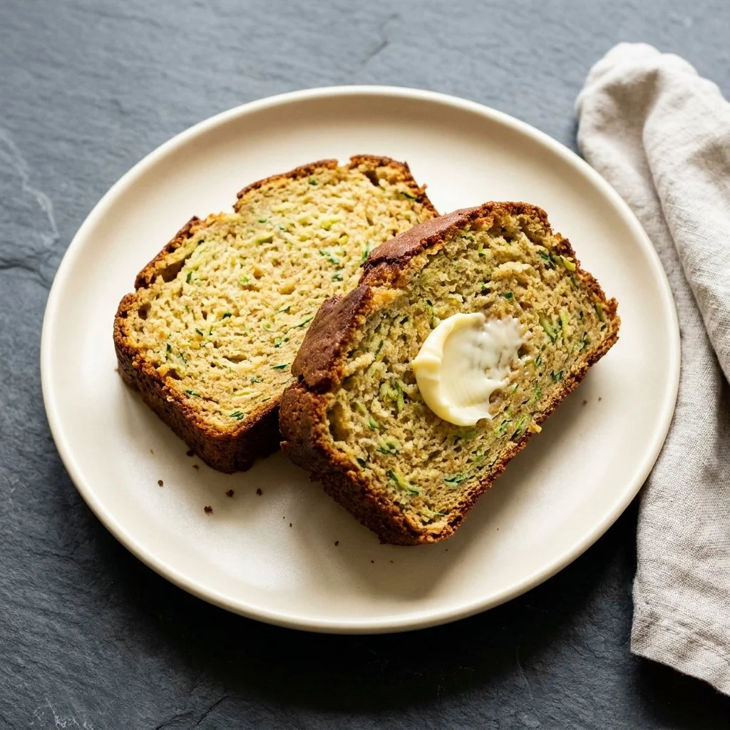 Slice of easy gluten-free zucchini bread on a wooden cutting board