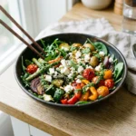 Grilled vegetable salad with lemon basil vinaigrette served in a rustic bowl