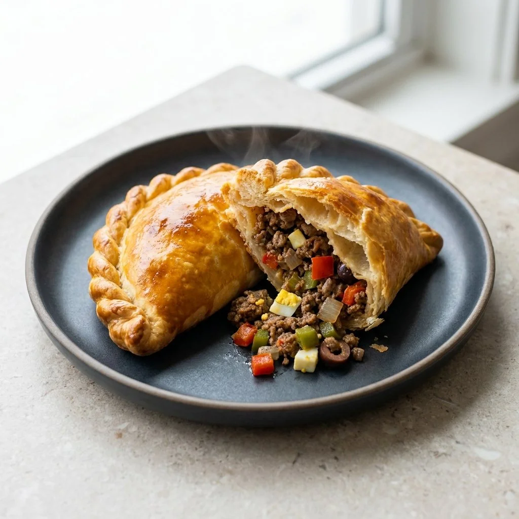 Delicious homemade ground beef empanadas on a wooden platter