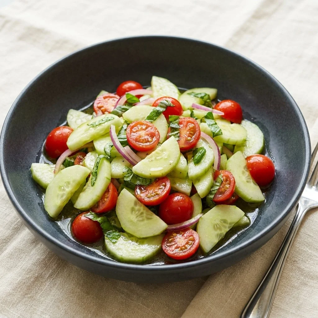 A vibrant cucumber basil salad served in a bowl, featuring fresh ingredients.