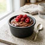 High protein chocolate pudding bowl topped with whipped cream and chocolate shavings.